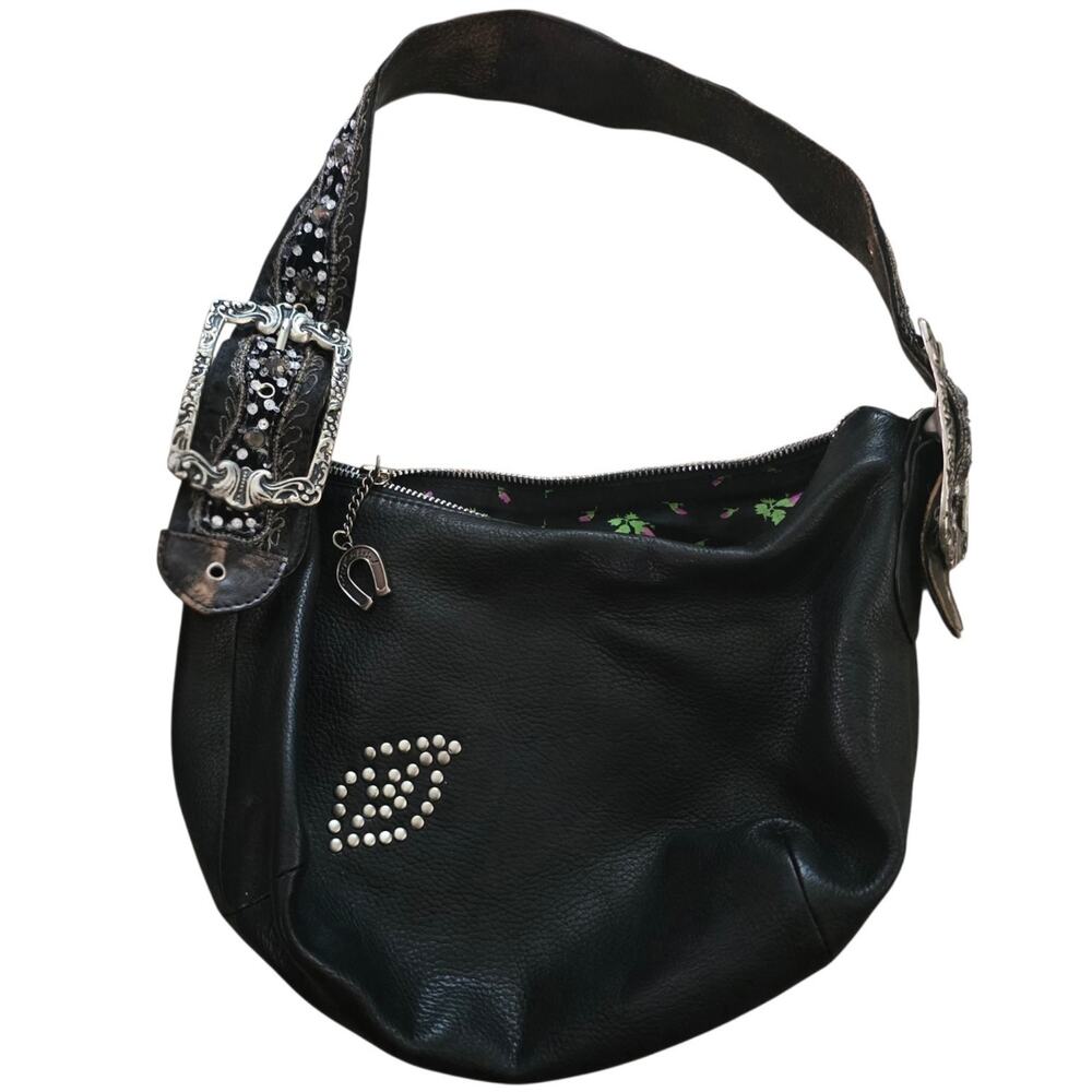 Betsey Johnson Black Studded Boho Floral Western Charm Leather Hobo Purse Y2K